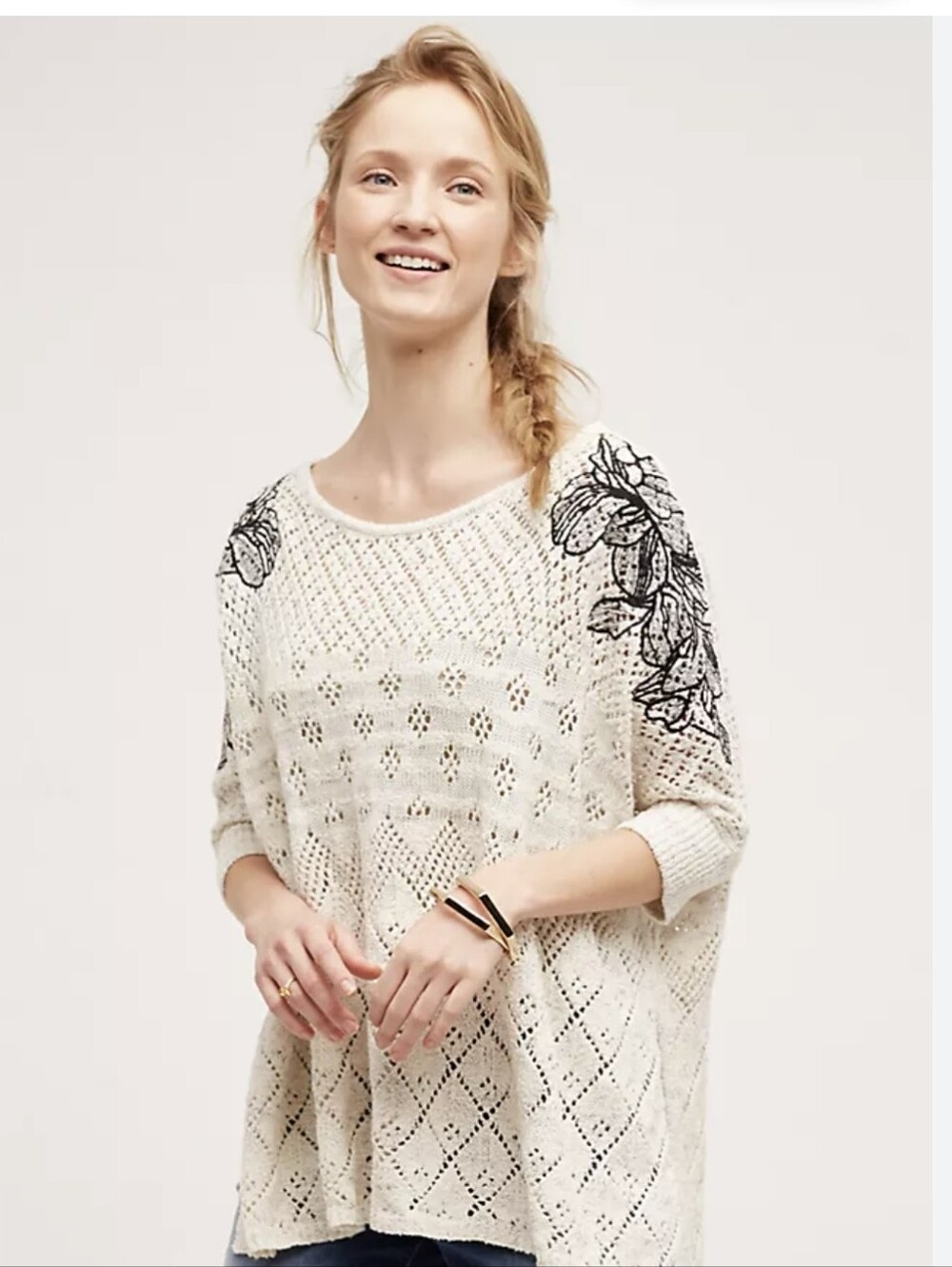 Anthropologie Knitted & Knotted Launa Embroidered Poncho Short Sweater Cream XS